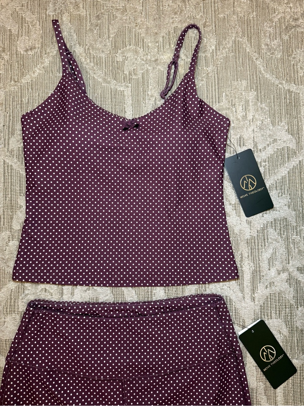 NWT Move Theology Polka Dot Bow Scallop Burgundy Maroon Workout Set Size Small